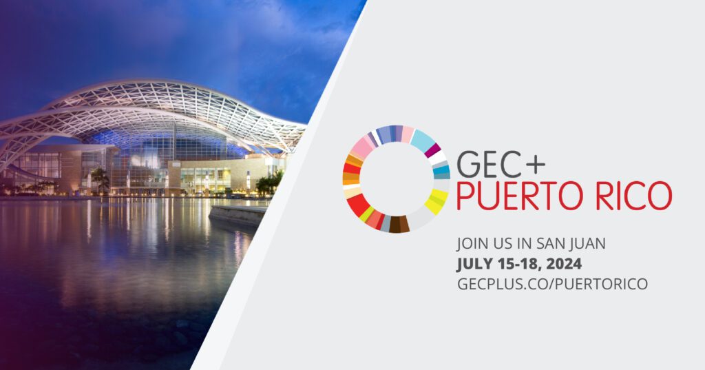 Photo of the Puerto Rico Convention Center with a gray geometric block to its right. Text within the block reads 'GEC+ PUERTO RICO JOIN US IN SAN JUAN JULY 15-18, 2024 GECPLUS.CO/PUERTORICO'