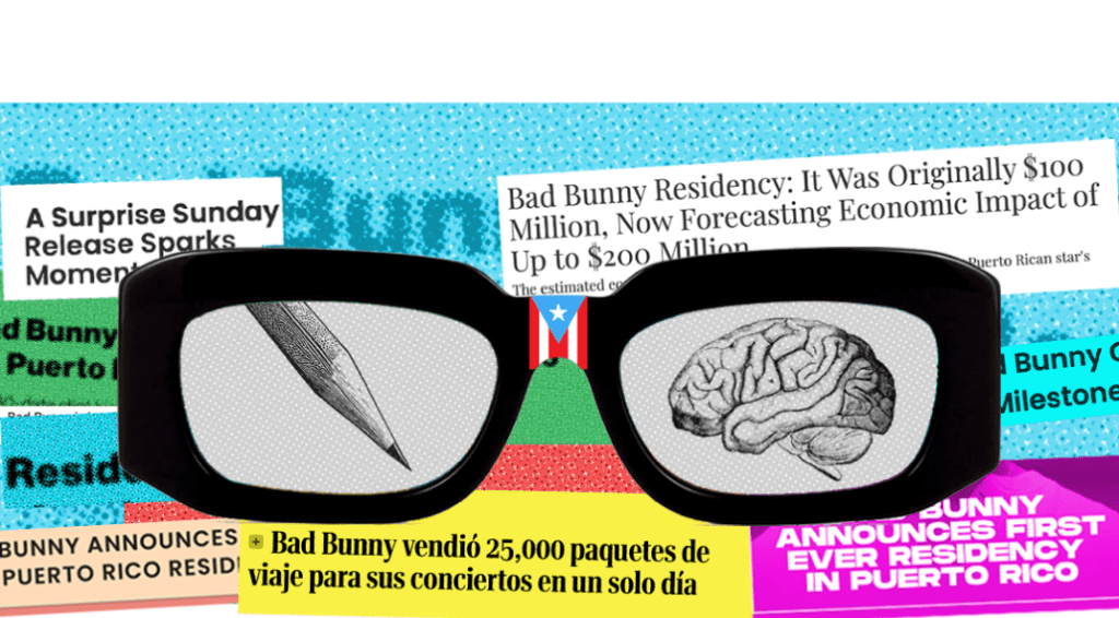 An illustration of Bad Bunny's news headlines related to his residency.